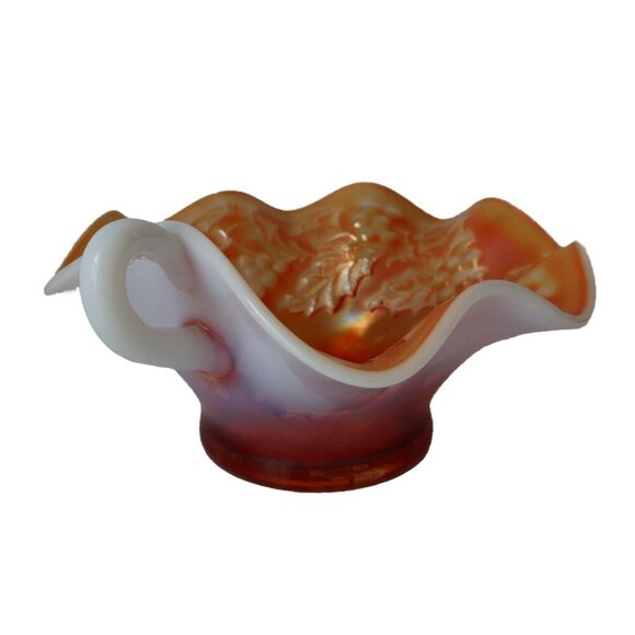 Vintage Carnival Glass Peach Opalescent Bowl w/Handle Holly Berry Pattern - Picture 3 of 6